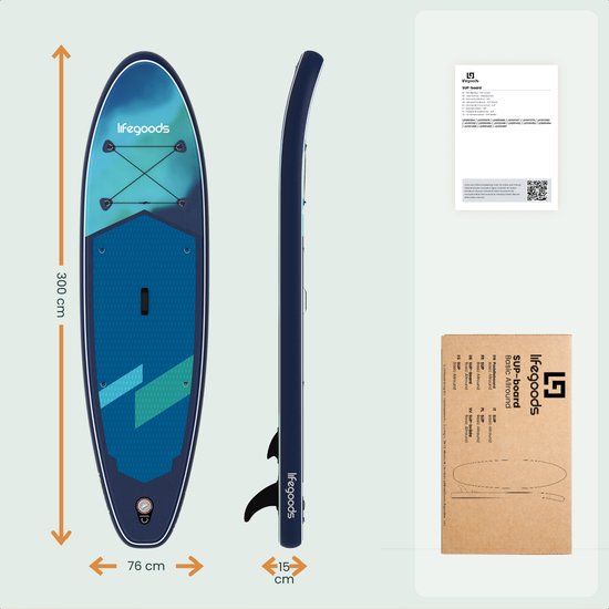 LifeGoods SUP-Board Allround Compact – mit Sitz – 100 kg Tragkraft – 300 x 76 cm – aufblasbar – komplettes SUP-Set – Blau/Grün