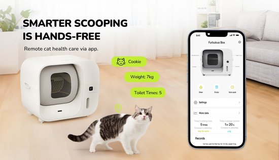 Furbulous Automatische Katzentoilette mit App-Steuerung, 60 l große, sichere Katzentoilette für mehrere Katzen mit Geruchsneutralisator, weiß – 2,4-GHz-Netzwerk – „Auto-Pack & Seal“-Katzentoilette, selbstreinigend und nachfüllbar, großes Fassungsvermögen,