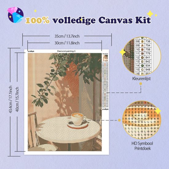Rubye® Diamantmalerei - Diamantmalerei Erwachsene - Diamantmalerei Kinder - Diamantmalerei Komplettpaket - Kaffeeterrasse - 30x40cm