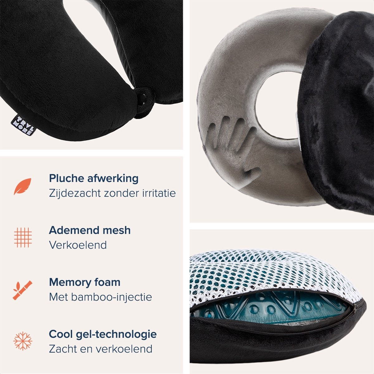 TRVLMORE Nackenkissen - Reisekissen für Flugzeug und Auto - U-Form - Memory Foam - Schwarz