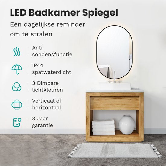 Mirlux Badezimmerspiegel Oval 90x60 cm - LED-Beleuchtung & Heizung - Anti-Beschlag-Duschspiegel - Schwarz
