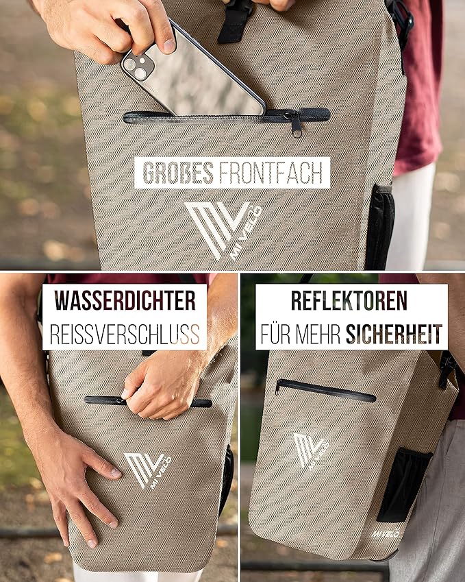 MIVELO - Packtasche - Wasserdicht - Inkl. Laptopfach & Fahrradschloss - 25 Liter - Sandbeige
