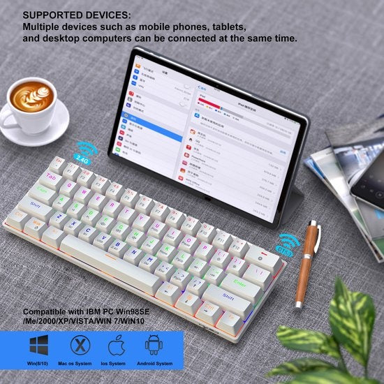 HXSJ L800 Wireless Mechanical TKL Gaming Keyboard - RGB - Wired / 2.4GHz RF / Bluetooth - QWERTY - 61 Tasten - Blauer Schalter - Weiß