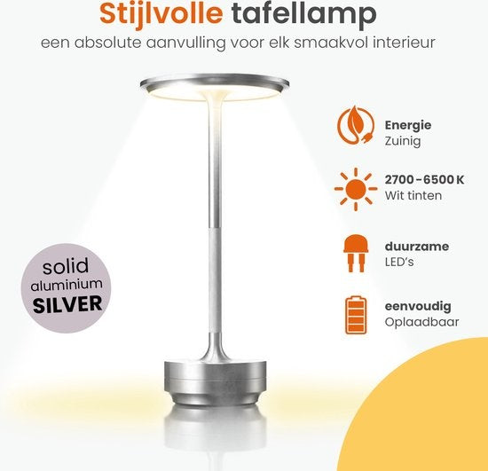 Goliving Tischlampe Wiederaufladbar - Kabellos und dimmbar - Moderne Touch-Lampe - Nachtlampe für das Schlafzimmer - Spritzwassergeschützt - 27 cm - Silber