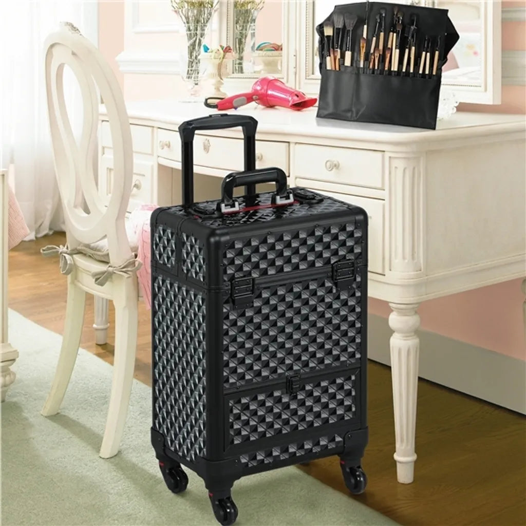 Yaheetech Make-up-Trolley mit Schublade und Teleskopgriff – Schwarz/Silber – 34,5 x 24,5 x 55,5 cm