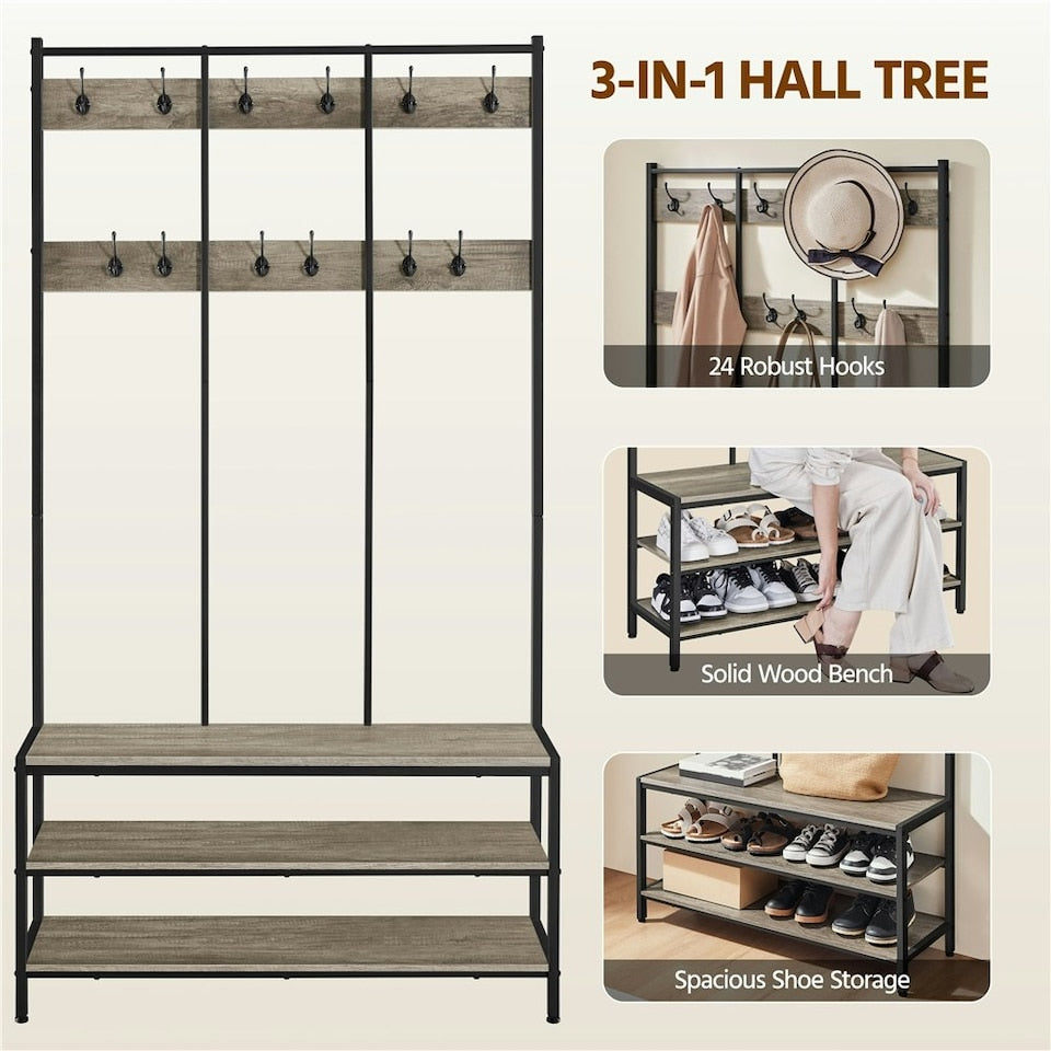Yaheetech Industrieller Garderobenständer mit Schuhregal und Sitzbank 100 x 35 x 185 cm – Grau – Flurmöbel mit 24 Haken