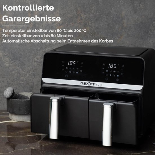 Nexxt Digital Double Airfryer XXL - Mit Touchscreen - 5,5 + 3,5 Liter - 8 Kochprogramme - Schwarz