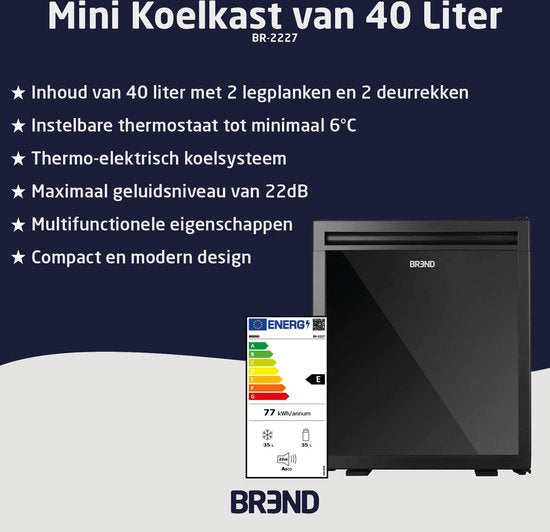 BREND BR-2227 Mini-Kühlschrank Freistehend 40 Liter - Tischkühlschrank mit einstellbarer Temperatur - Minibar mit einstellbarer Türrichtung - Schwarz