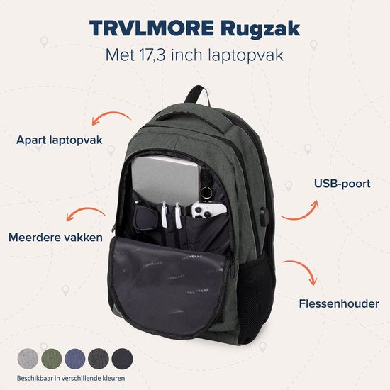 TRVLMORE Rucksack - 36L - 17 Zoll - Laptop-Rucksack - Schultasche - Männer und Frauen - Laptop-Tasche - Spritzwassergeschützt Grau Grün