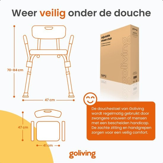 Goliving Verstellbarer Duschstuhl - Abnehmbare Arm- und Rückenlehne - Duschhocker mit Duschkopfhalterung - Anti-Rutsch - 3,2 kg - Höhe 70-84 cm - Weiß