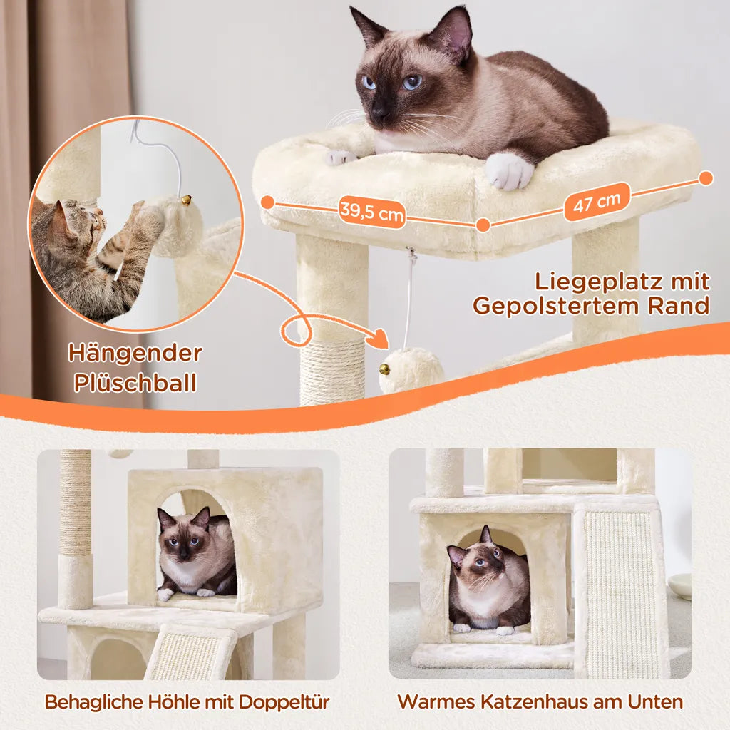 Yaheetech Katzenpfosten Beige - 91 cm hoch - mit 2 Katzenhäusern, Sisalkratzern und Spielball