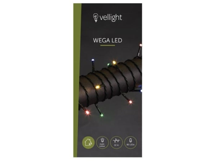 Wega LED, Lichtgirlande, 12 m, 80 LEDs, mehrfarbig, grünes Kabel, für den Innen- und Außenbereich, 24 V