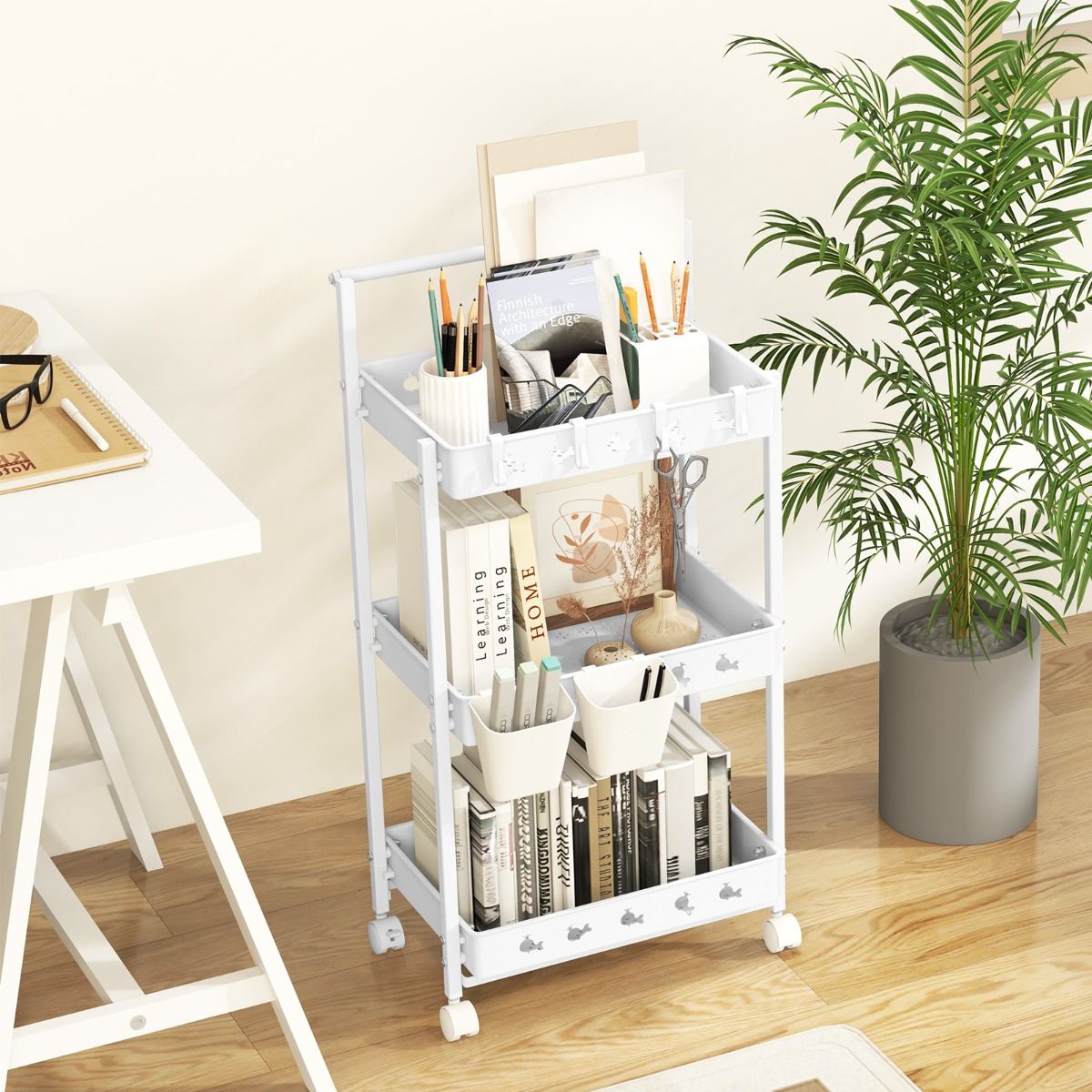 Coast Aufbewahrungswagen – 3 Ebenen – mit Haken und Bechern – weiß 42 x 29 x 83 cm