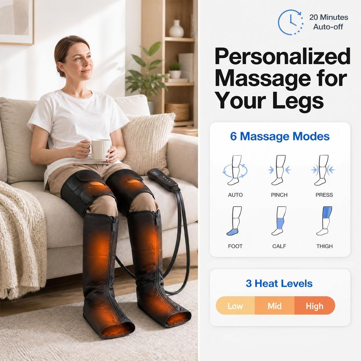 Coast Beinmassagegerät – Wärme und Kompression – 6 Massagemodi – schwarz