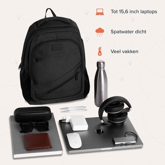 TRVLMORE Rucksack - 28L - 15.6 Zoll - Laptop-Rucksack - Schultasche - Unisex - Spritzwassergeschützt Schwarz