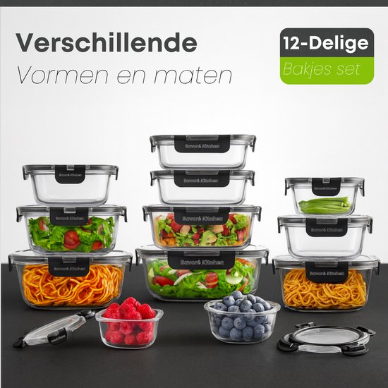 Savoré Küche Aufbewahrungsschalen Set - Mahlzeit Vorbereitung Tabletts - Gefrierschrank Tabletts Glas - luftdicht - 12 Stück
