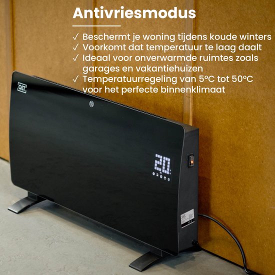 QLT Curved Glass Heating Panel - Elektrische Heizung mit App-Steuerung - Badheizung mit Thermostat und Frostschutz - 2000 Watt - Schwarz
