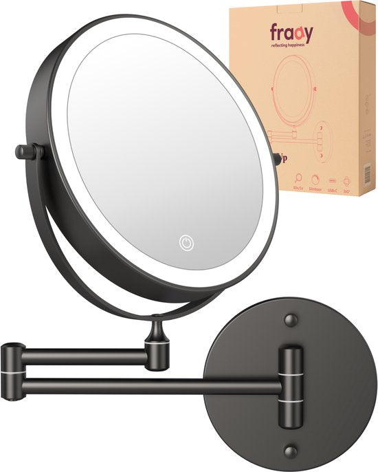 Fraay® Make-up-Spiegel - Mit LED-Beleuchtung - 10-fache Vergrößerung - Wiederaufladbar - Rasierspiegel - Badezimmerspiegel - Schwarz