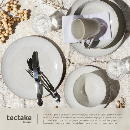 tectake® Geschirrset Mare – 30-teilig – Steingut mit glänzender Glasur - Für 6 Personen - Handgefertigtes Geschirr - Modernes Tellerset mit großen und kleinen Tellern, Schüsseln, Schälchen und Tassen - Spülmaschinen- und mikrowellengeeignet - Sandfarben