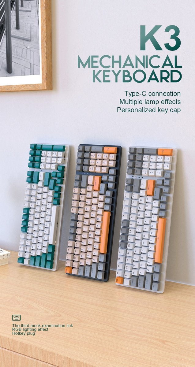 Fuegobird K3 Mechanische Gaming-Tastatur - 100 Tasten - Roter Schalter - QWERTY - Mechanische Tastatur mit RGB-Hintergrundbeleuchtung - Weiß/Orange