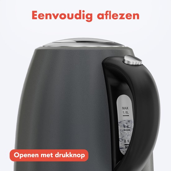 KitchenBrothers Wasserkocher - Elektrisch - 1 Liter - Kleine Campinggröße - Reise-Wasserkocher mit Kalkfilter - Titanium Grau/RVS