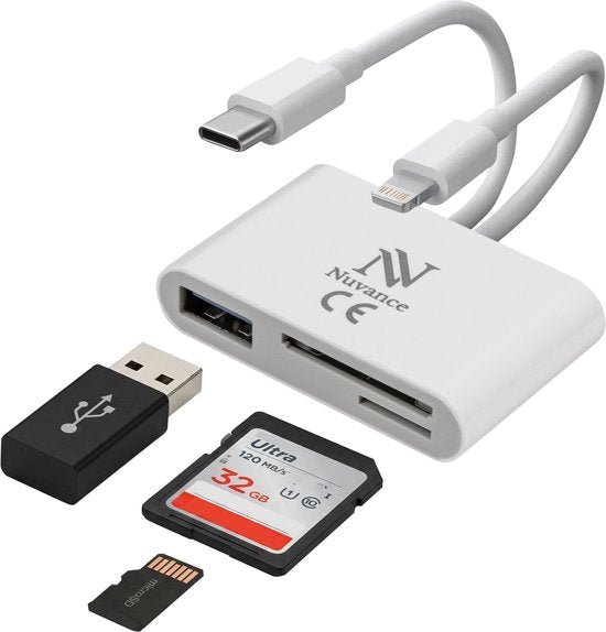Nuvance SD-Kartenleser - 3 in 1 - Micro SD-Karte - USB zu USB C - 8-Pin - Geeignet für alle Handys, Tablets & Laptops