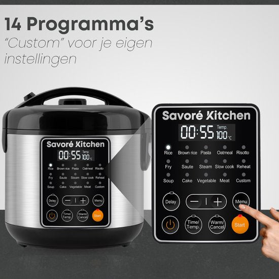 Savoré Kitchen Reiskocher mit Dampfgarer - 3L - 14 Programme - PFAS frei - Schwarzer Edelstahl