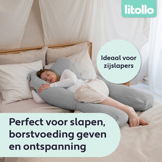 Litollo® Schwangerschaftskissen XXL – Stillkissen – Körperkissen – Body Pillow – 280 cm – Abnehmbarer Bezug – Grau