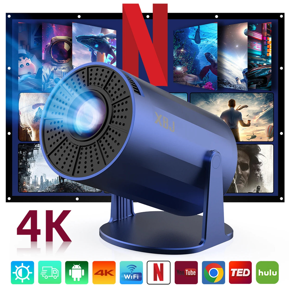 XBJ Tragbarer Mini-Beamer – Blau – Android 11 – WLAN 6 & Bluetooth 5.2 – 200 ANSI – um 180° drehbar – Bildgröße 40 bis 200 Zoll – 14 x 11,9 x 21,8 cm