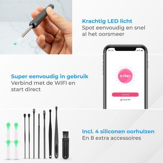 Nuvance - Ohrenschmalz-Entferner mit Kamera-App - Ohrreiniger - Ohrreinigungsset - Ohrenspritze - Ohrenkratzer - inkl. Reinigungsset