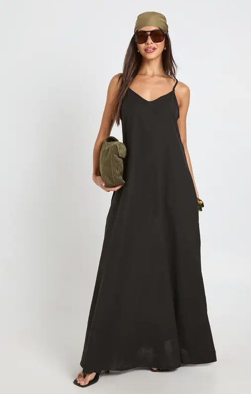 Maxikleid im Leinen-Look mit Volant am Saum – Größe 36