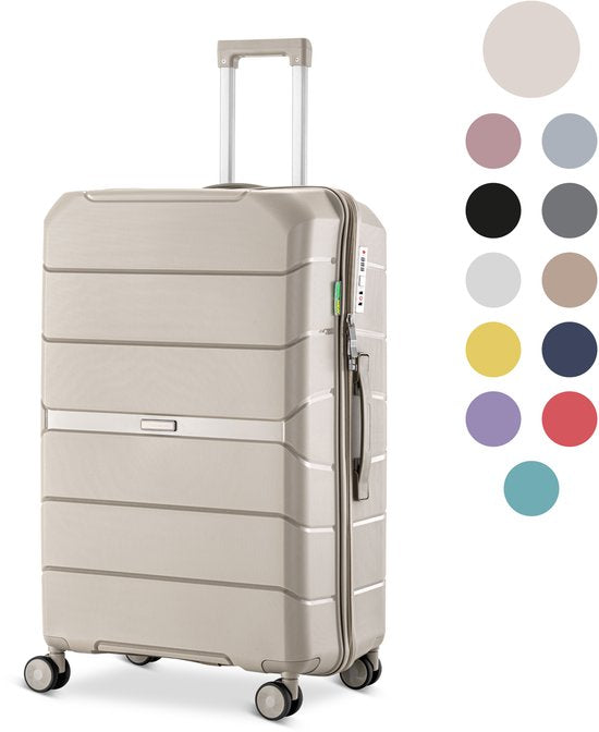SKYCASES Urban Adventurer – Großer Reisekoffer – Zahlenschloss – 49 x 30 x 75 cm – 110 l – XL-Rollkoffer – Spinner-Räder & Kofferschloss – Beige