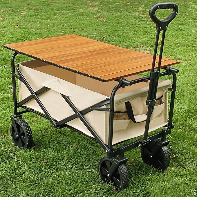 Aldorr Klappbarer Außentisch für den Gartenwagen, Tischplatte 75 x 55 cm – Tragbar – Kompakt – Holzoptik