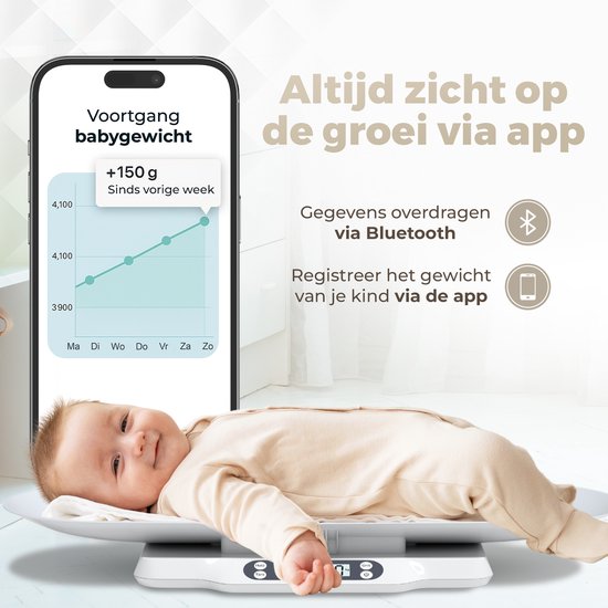 Gatson Babywaage - Mit App - Bis zu 30kg - Inklusive Maßband - Tierwaage - Babywaage - Babyshower