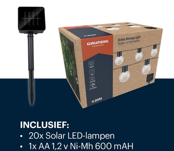 Grundig Solar-Lichterkette 4,85 m - Cool White - 10 LED-Lampen - Wetterfest