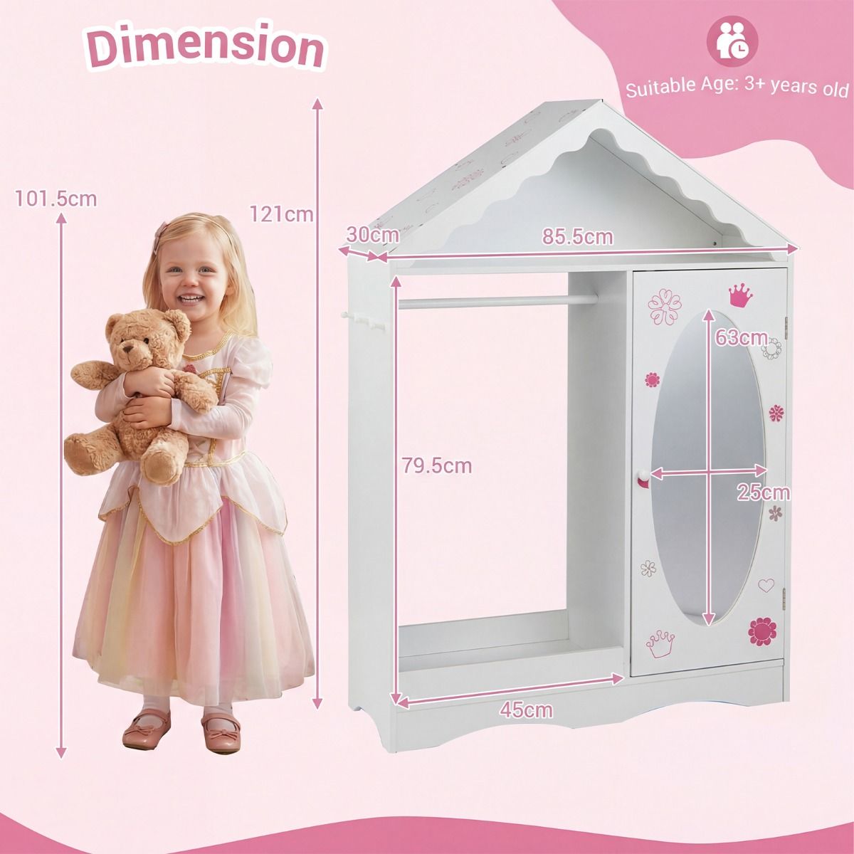 Coast Kinderkleiderschrank mit Spiegel – dachförmiges Design – offene Kleiderstange und Einlegeböden – weiß