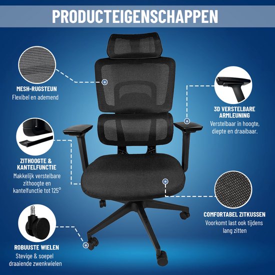 ArtGlobal® Ergonomischer Bürostuhl – verstellbar – Lendenwirbelstütze – um 125° neigbar