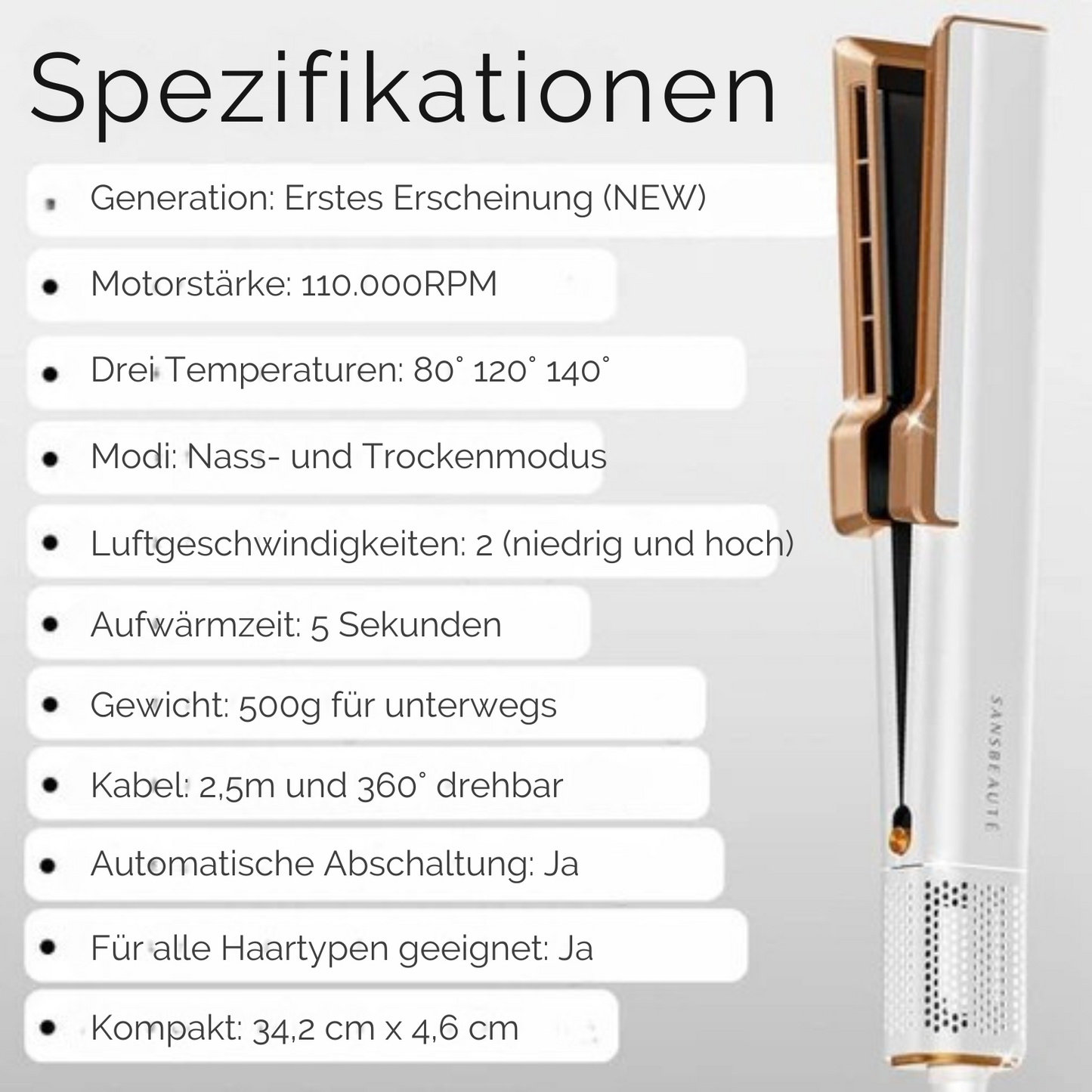 Sansbeauté® Sanstraight Glätteisen - 2-in-1 Airstraight - Haartrockner & Glätteisen - 80℃ bis 140℃ - Weiß