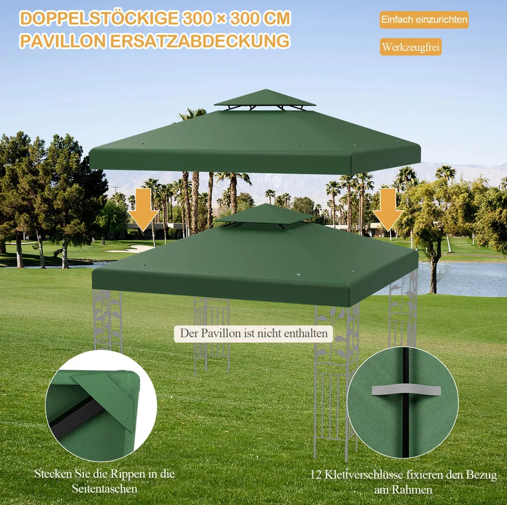 Coast Double Ersatzdach für Pavillon - 3 x 3 m mit Entwässerungslöchern und Klettverschluss - Dunkelgrün
