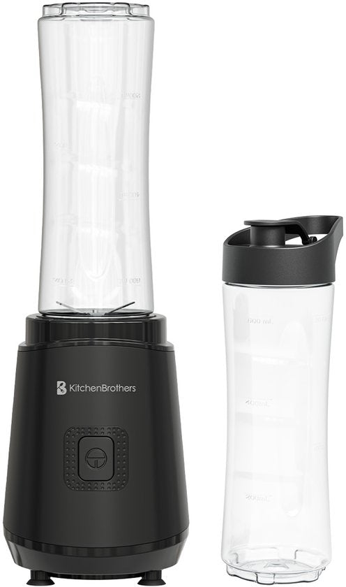 KitchenBrothers Mini Mixer - Mixer zum Mitnehmen - Smoothie Maker - 2 To-Go Becher 600 ml - Schwarz