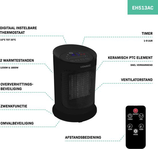 VONROC Elektroheizung - Heizlüfter - 1200W/1800W - Keramik - 3 Einstellungen - Thermostat - Timer - LED-Anzeige - Swing-Funktion - inkl. Fernbedienung - 20m2