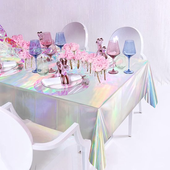 Partizzle 2x Plastik Einwegtischdecke - Einhorn Party Dekorationen - Meerjungfrau Geburtstag - Holographischer Regenbogen - 274 x 137 cm