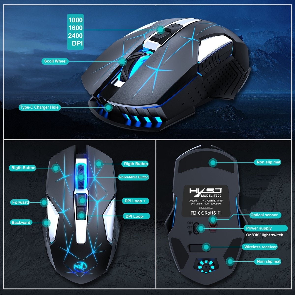 HXSJ T300 2.4G Wireless Gaming Mouse - Computermäuse - Ultraleicht - Kompakt für unterwegs - RGB-Beleuchtung - Schwarz