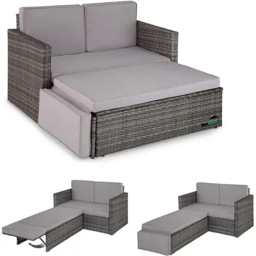 tectake - Geflecht-Lounge-Sofa Garten-Sessel-Liege - Sofa-Set - 2-Sitzer Sessel mit Hocker und Schlaffunktion, kleines Geflecht-Sofa als Outdoor-Gartenmöbel, für Lounge, Balkon und Garten, klappbar mit Kissen- schwarz / grau
