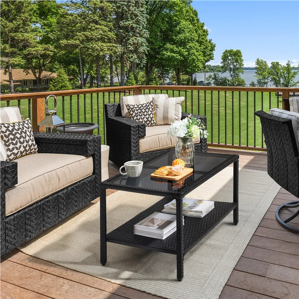 Yaheetech Rattan Couchtisch - Beistelltisch - mit Glasplatte - mit Regal - innen/außen - grau