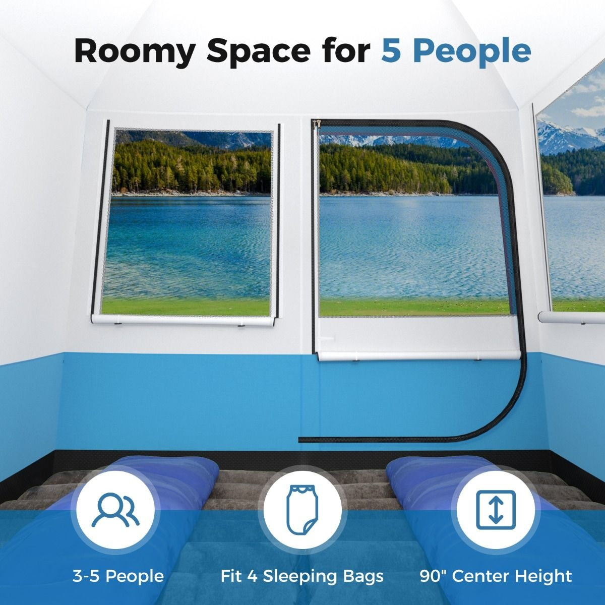 Coast Campingzelt für 5 Personen - Große Netztür und Bodenplane - Wasserdicht - 248 x 248 x 230 cm - Blau/Weiß