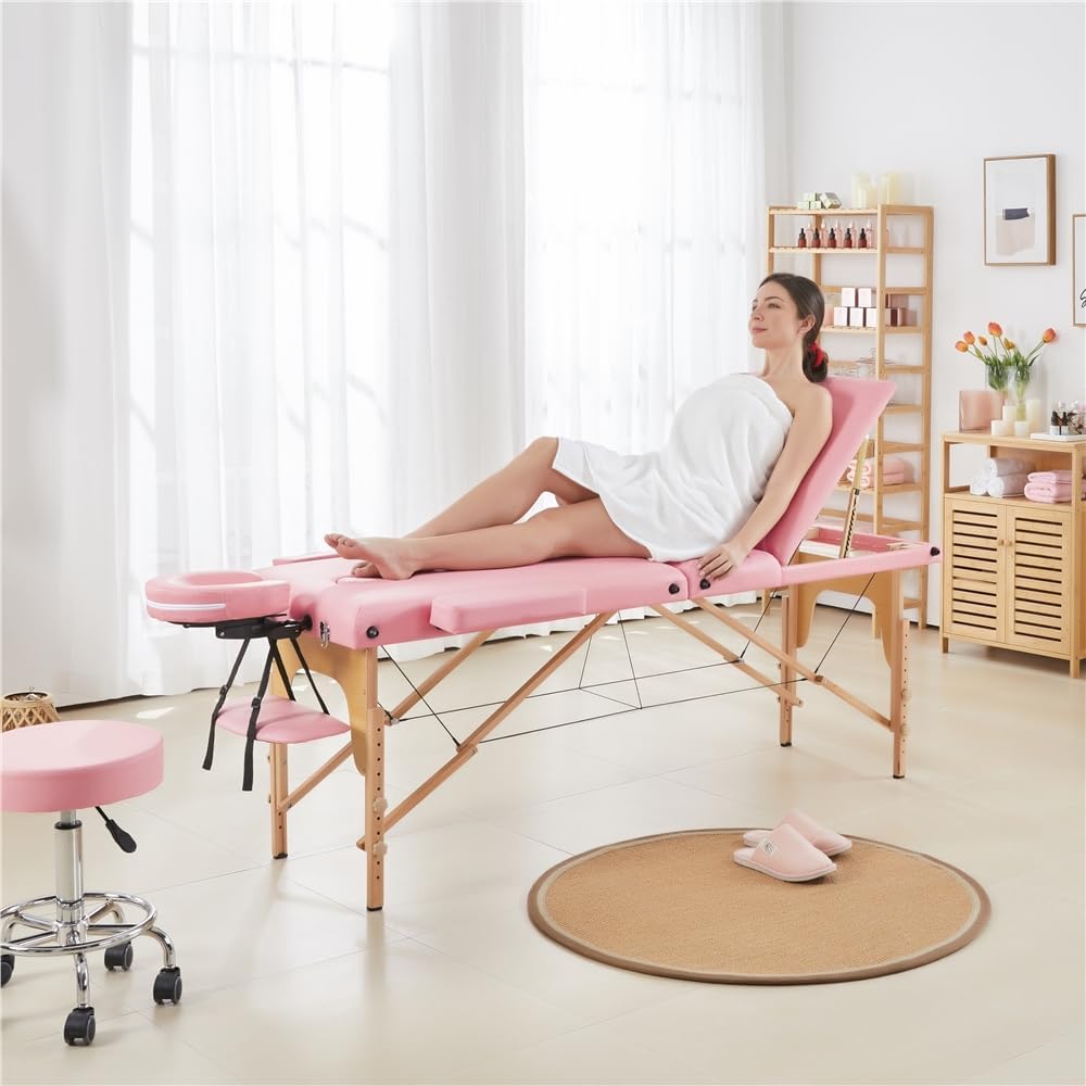 Yaheetech Massagetisch mit 3 Zonen – zusammenklappbar – 213 × 80 cm – Hellrosa