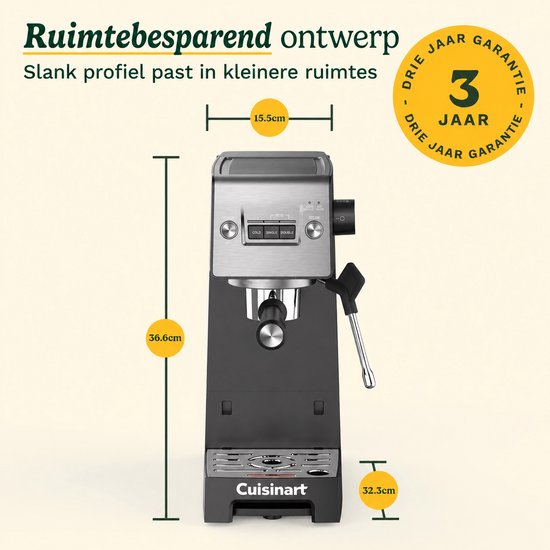 Cuisinart Slim Espresso-Kolbenmaschine für Espresso Americano und Cold Brew mit integriertem Milchaufschäumer für Latte und Cappuccino, 15 bar Druck, Portafilter ohne Boden, kompaktes Design, geeignet für Reisebecher, 1,5 l Wassertank