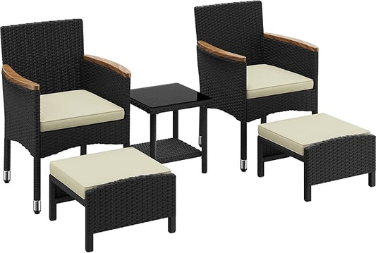 Yaheetech Lounge-Set – 5-teilig – 2 Stühle/2 Ottomane/Tisch – PE-Korbgeflecht – Schwarz/Beige