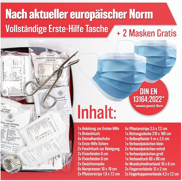 HELDENWERK - Auto-Verbandstasche & Verbandskasten - DIN 13164:2022 Standard - Kompakt - Schwarzes wasserabweisendes Nylon - Inklusive Masken & Rettungsdecke - Für Auto, Motorrad & LKW - Vorgeschrieben in Europa